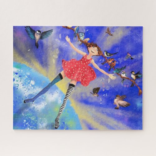 Happy Girl with Birds _ Friends Jigsaw Puzzle