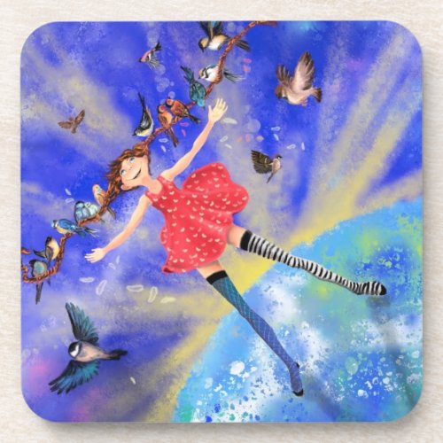 Happy Girl with Birds _ Happines _ Joy Beverage Coaster