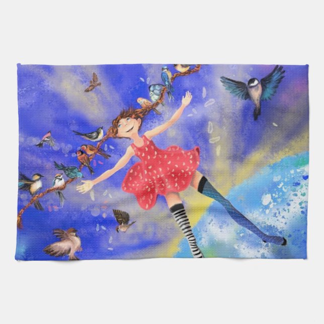 Happy Girl with Birds - Happines - Joy Kitchen Towel (Horizontal)