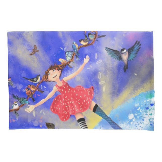 Happy Girl with Birds - Happines Pillow Case (Front)