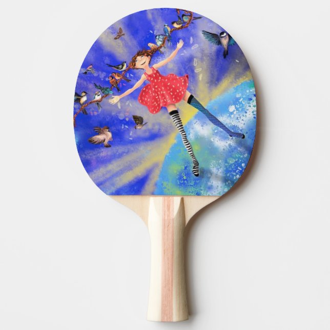 Happy Girl with Birds - Happines Ping Pong Paddle (Front)