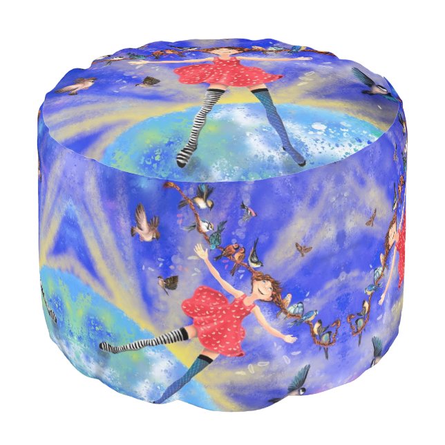 Happy Girl with Birds - Happines - Pouf (Angled Front)