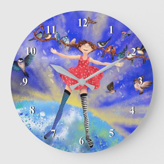 Happy Girl with Birds - Happines - Round Large Clock (Front)