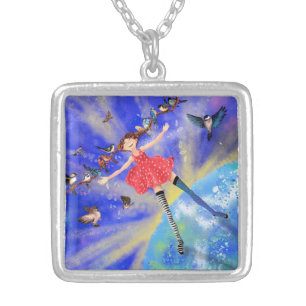 Happy Girl with Birds - Happines Silver Plated Necklace