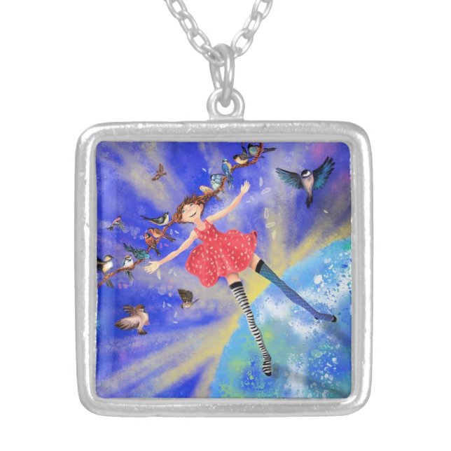 Happy Girl with Birds - Happines Silver Plated Necklace (Front)