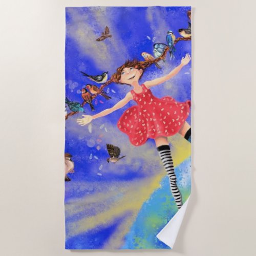 Happy Girl with Birds _ Joy Beach Towel