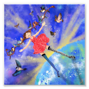 Happy Girl with Birds Poaster Print