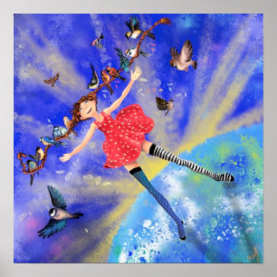 Happy Girl with Birds Poster Painting