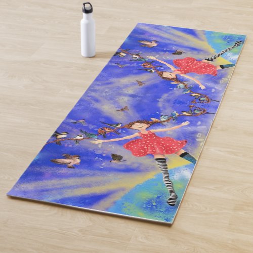 Happy Girl with Birds Yoga Mat _ Spring Joy