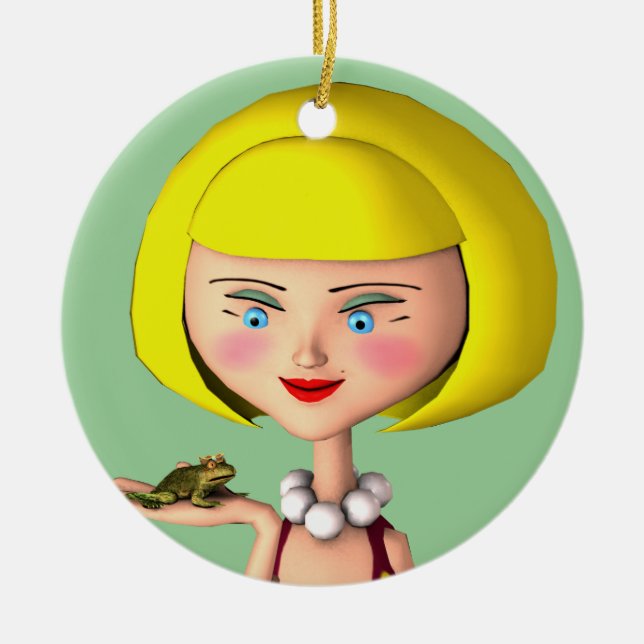 Happy Girl With Frog Prince Ceramic Ornament (Front)