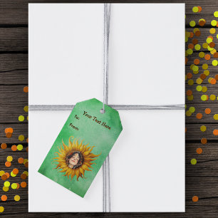 Happy Girls Face in Center Yellow sunflower Green Gift Tags