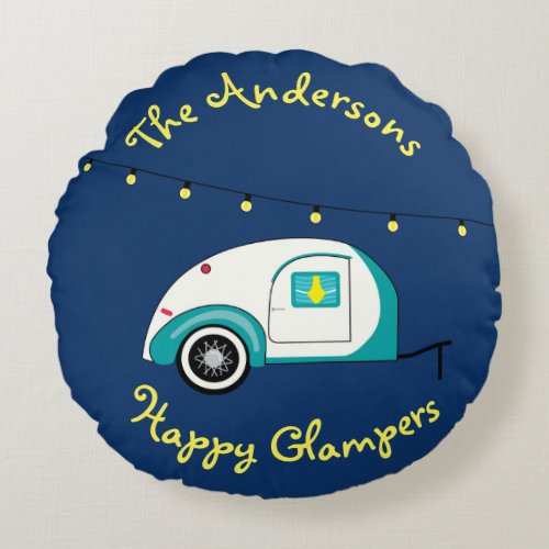 Happy Glamper Aquamarine Vintage Teardrop Trailer Round Pillow