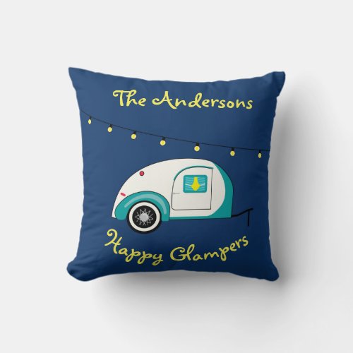 Happy Glamper Aquamarine Vintage Teardrop Trailer Throw Pillow