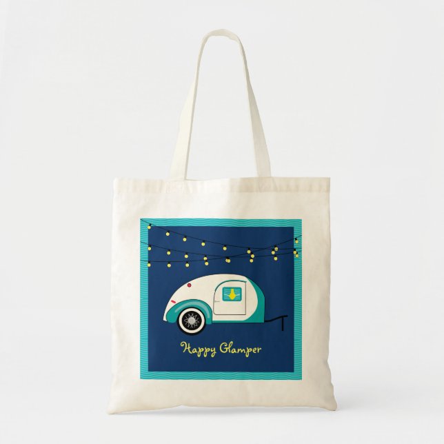 Happy Glamper Aquamarine Vintage Teardrop Trailer Tote Bag (Front)