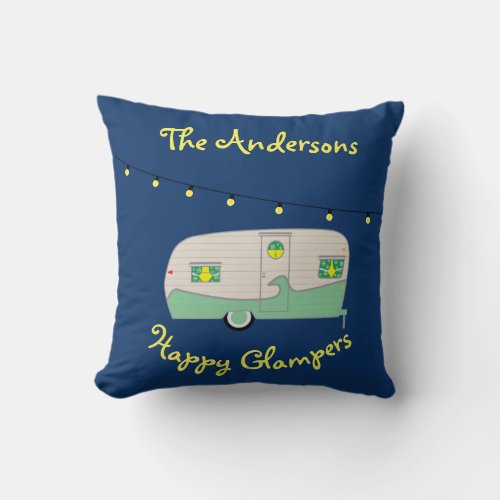 Happy Glamper Mint GreenVintage Canned Ham Trailer Throw Pillow