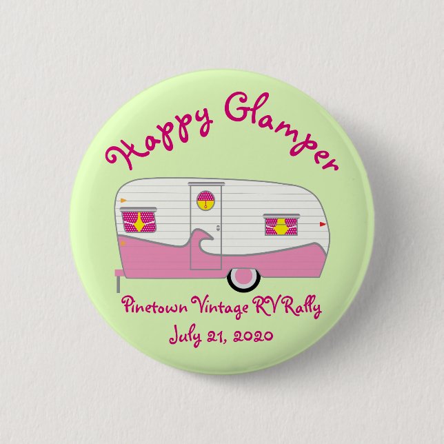 Happy Glamper Pink Vintage Canned Ham Trailer Button (Front)