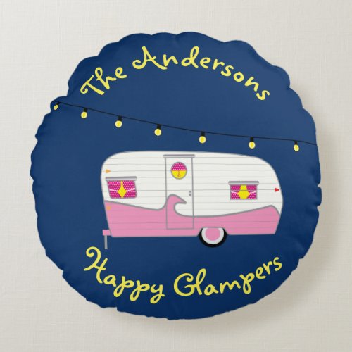 Happy Glamper Pink Vintage Canned Ham Trailer Round Pillow