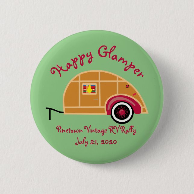 Happy Glamper Woodie Vintage Teardrop Trailer Button (Front)