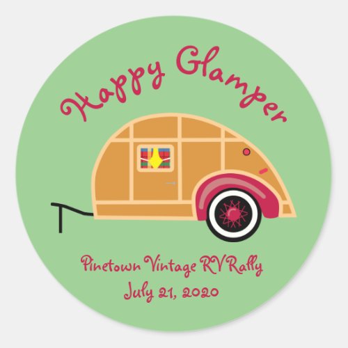 Happy Glamper Woodie Vintage Teardrop Trailer Classic Round Sticker