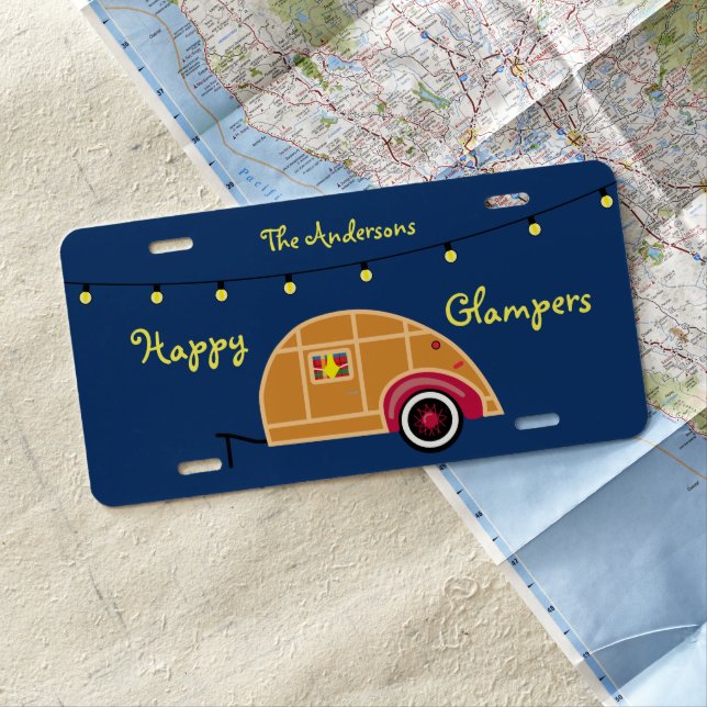 Happy Glamper Woodie Vintage Teardrop Trailer License Plate (In Situ)