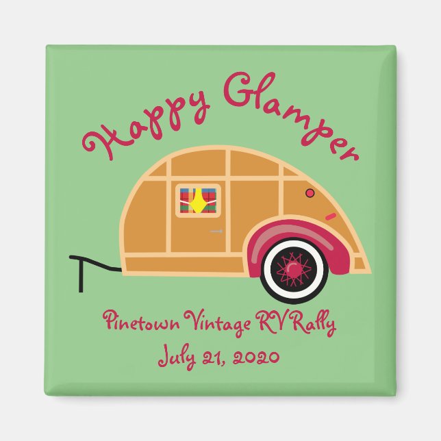 Happy Glamper Woodie Vintage Teardrop Trailer Magnet (Front)