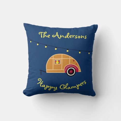 Happy Glamper Woodie Vintage Teardrop Trailer Throw Pillow