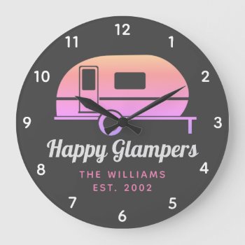Happy Glampers Pink Ombre Camping Large Clock by NotableNovelties at Zazzle