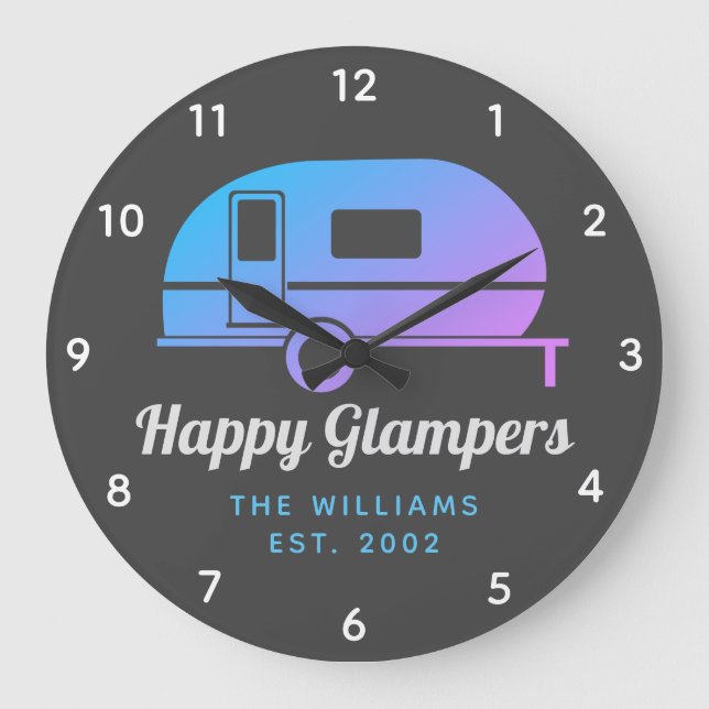 Happy Glampers Purple Ombre Camping Large Clock (Front)