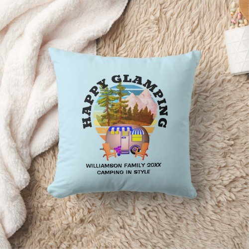 HAPPY GLAMPING Custom Name Family Camping Trip Throw Pillow