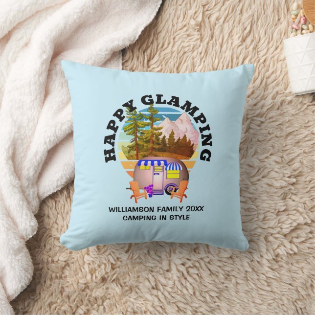 HAPPY GLAMPING Custom Name Family Camping Trip Throw Pillow (Blanket)