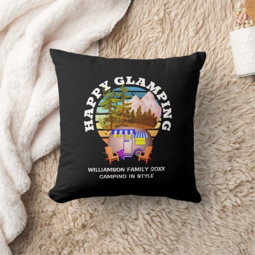 HAPPY GLAMPING Custom Name Family Camping Trip Throw Pillow