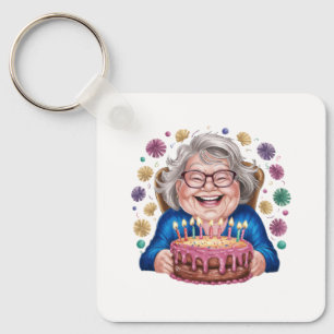 Happy Glasses Granny Bday Graphic Keychain