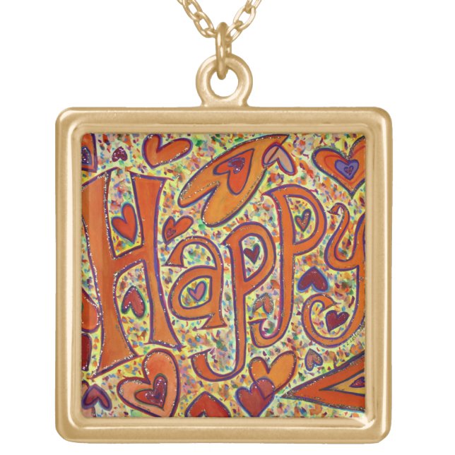 Happy Glitter Word Pendant Necklace Art Charm (Front)