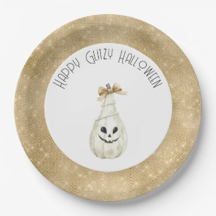 Happy Glitzy Halloween Gold Cream Pumpkin Face Paper Plates