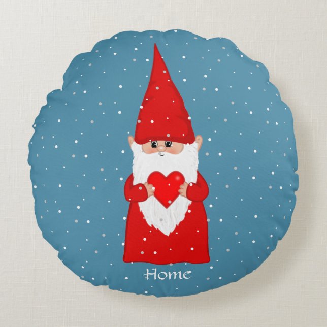 Happy Gnome & Heart on Sapphire Blue Round Pillow (Front)