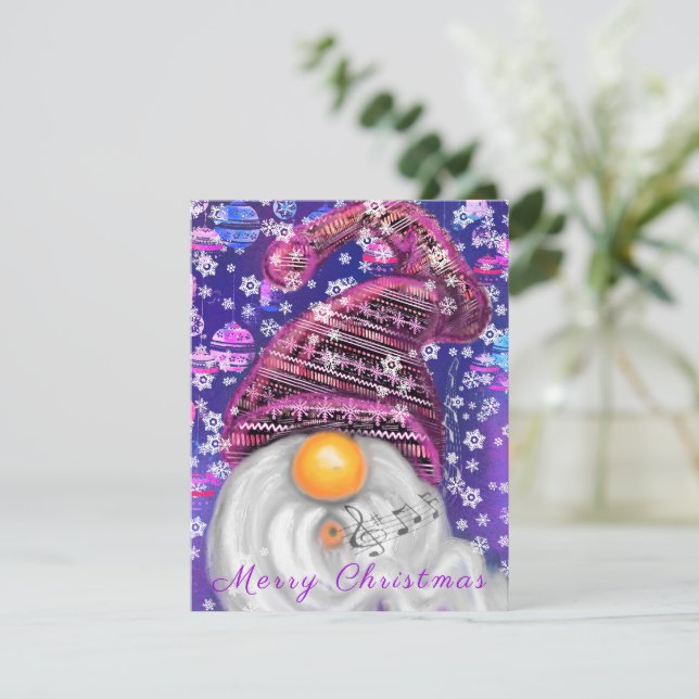 Happy Gnome In Purple Hat Sings A Christmas Song - (Standing Front)