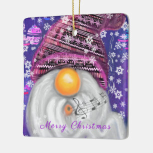 Happy Gnome In Purple Hat Sings A Christmas Song Ceramic Ornament