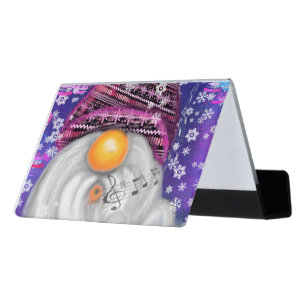 Happy Gnome In Purple Hat Sings A Christmas Song Desk Business Card Holder