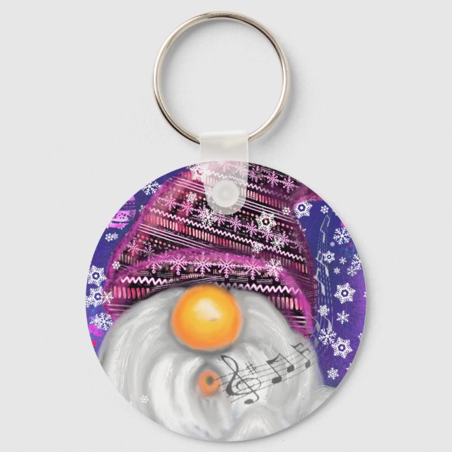 Happy Gnome In Purple Hat Sings A Christmas Song - Keychain (Front)