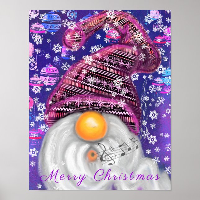 Happy Gnome In Purple Hat Sings A Christmas Song  Poster (Front)