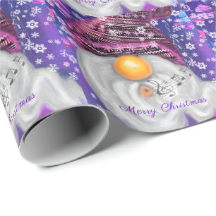 Happy Gnome In Purple Hat Sings A Christmas Song Wrapping Paper