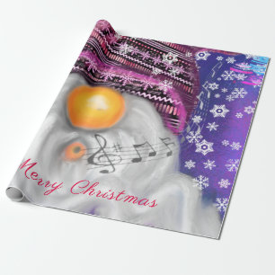 Happy Gnome In Purple Hat Sings A Christmas Song Wrapping Paper