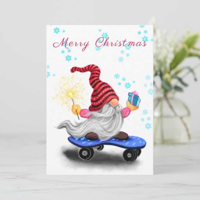 Happy Gnome with Gift Christmas Card (Standing Front)