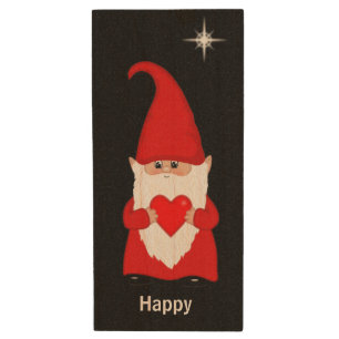 Happy gnome  with heart on black wood flash drive
