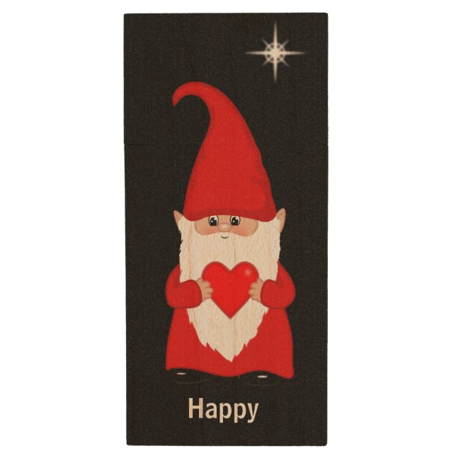 Happy gnome  with heart on black wood flash drive (Front Vertical)