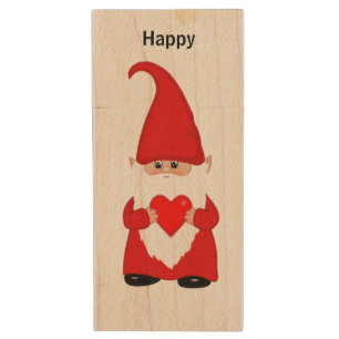 Happy gnome with heart wood flash drive