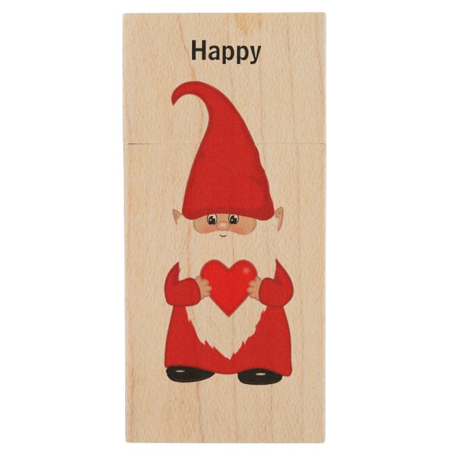 Happy gnome  with heart wood flash drive (Front Vertical)