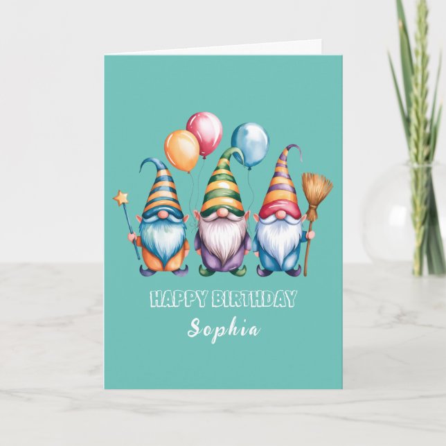 Happy gnomes with balloons and magic wand card (Front)
