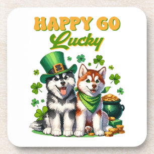 Happy Go Lucky Cute Husky St. Patricks Day Beverage Coaster