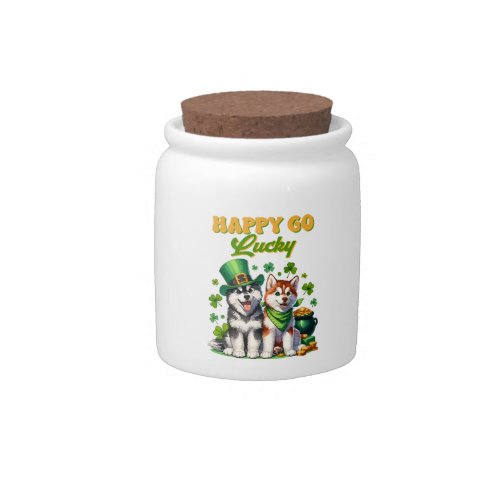 Happy Go Lucky Cute Husky St Patricks Day Candy Jar